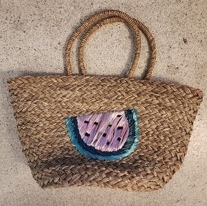 Mud Pie Straw Tote Watermelon Handbag Vacay Summer Bag Natural Pink Lining